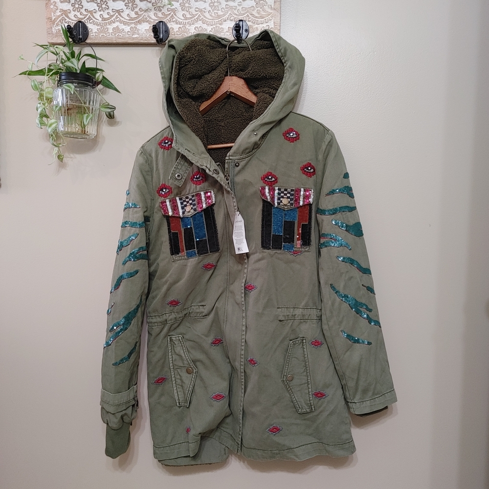 NWT Desigual Sequin Embroidered Military Hooded Jacket 2 in 1 Size 38 Small - Picture 1 of 8
